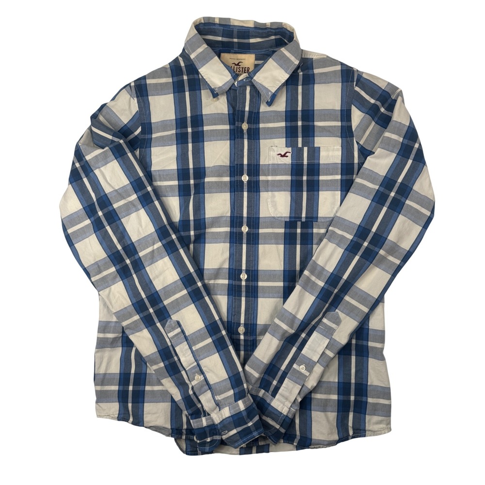 Hollister California Men XL Blue White Plaid Long Sleeve Button Up Shirt Y2K